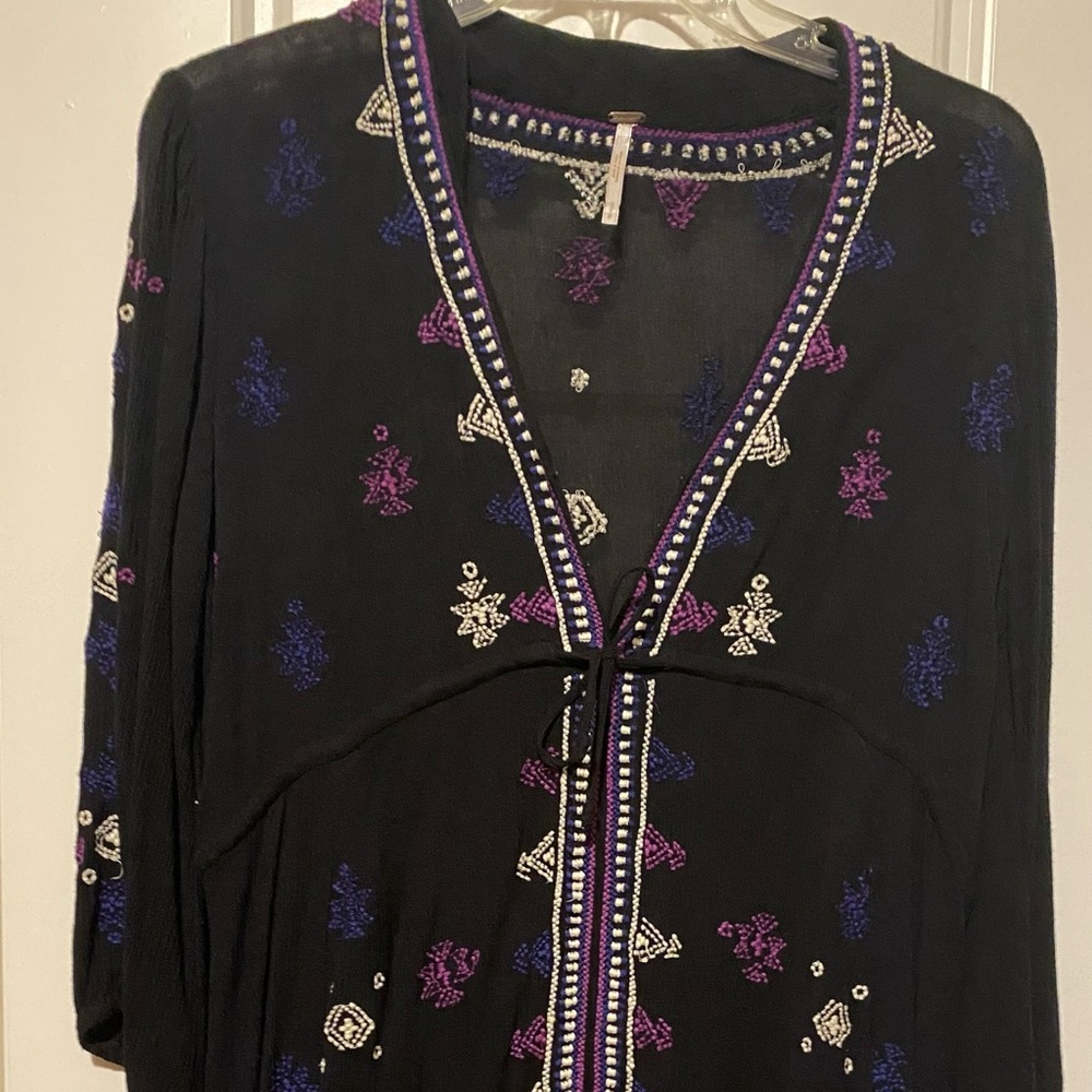 Black Embroidered Boho Tunic with Purple & White Accents